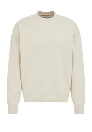 Hanorac de culoare crem realizat dintr-un material moale, cu guler înalt, mâneci lungi și manșete și talie cu model reiat. Branding subtil pe piept.