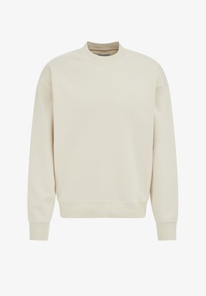 Krēmkrāsas džemperis no mīksta auduma ar augstu apkakli, garām piedurknēm un ribveida aprocēm un apakšmalu. Plūdenas zīmolzīmes uz krūtīm.