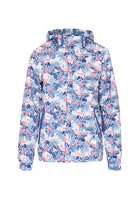 Blomsterpræget letvægtsjakke med hætte, der har blå, pink og grønne nuancer, fremstillet af et syntetisk, vandafvisende materiale.