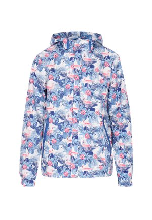 Blomsterpræget letvægtsjakke med hætte, der har blå, pink og grønne nuancer, fremstillet af et syntetisk, vandafvisende materiale.