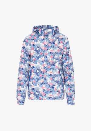 Virágmintás, könnyű dzseki kapucnival, kékkel, rózsaszínnel és zölddel, szintetikus, vízálló anyagból készült.