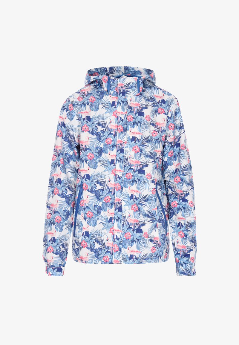 Jacheta ușoară cu model floral, având glugă, prezentând nuanțe de albastru, roz și verde, realizată dintr-un material sintetic, rezistent la apă.