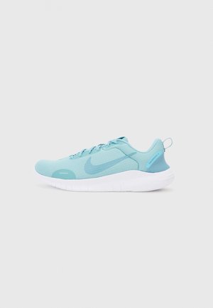 Light blue Nike running shoe with mesh upper, white sole, pull tab at heel, and "FLEX EXPERIENCE 12" label on side.