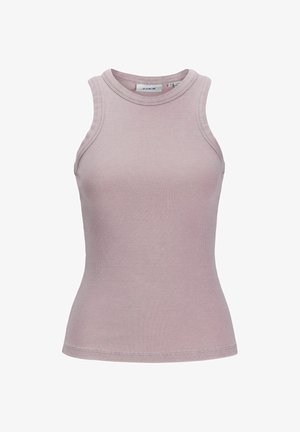 Heled roosa sleeveless top ribikuga tekstuuriga, ümmarguse kaelusega ja keha lähedase kujundusega. Minimalistlik õmblus ja nähtavat riistvara ei ole.