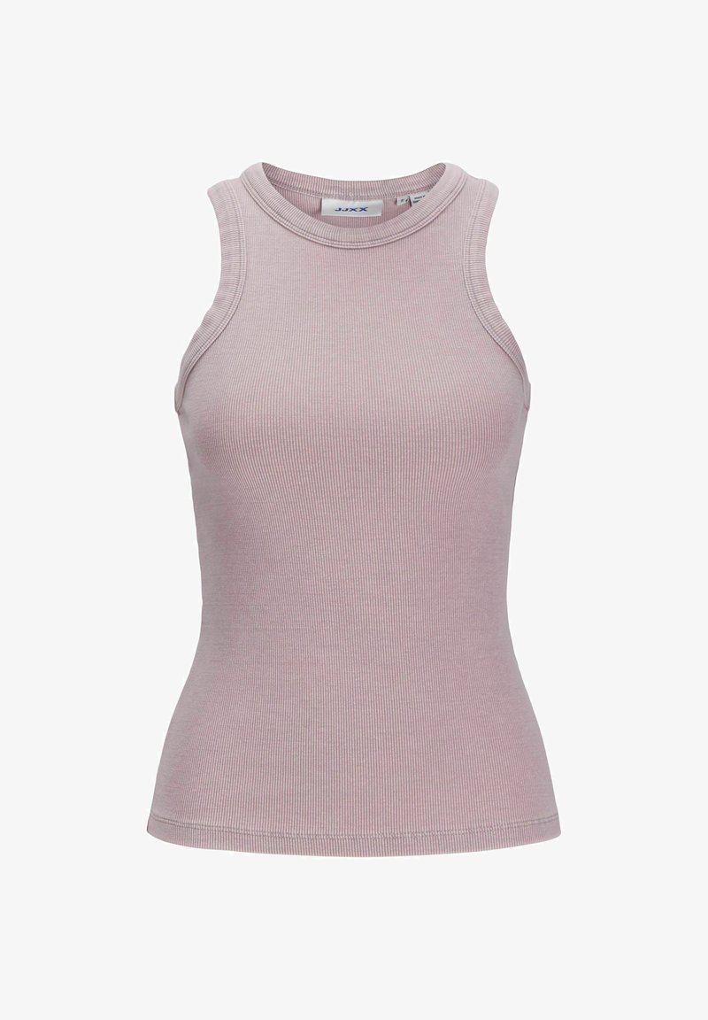 Helle rosa ärmellose Bluse mit gerippter Textur, Rundhalsausschnitt und taillierter Passform. Enthält minimale Nähte und keine sichtbaren Beschläge.