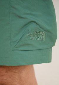 Zöld rövidnadrág, diszkrét fénylő felülettel, az oldalsó zsebén hímzett "The North Face" logóval. Sima, könnyű anyag, precíz varrással.
