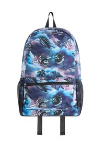 Rucksack mit einem bunten Weltraumdesign, das Raketen, Astronauten und Planeten auf einem blauen und lila Hintergrund zeigt. Enthält eine vordere Reißverschlusstasche.