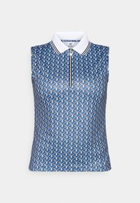 Ujjatlan, geometriai mintázatú kék polo póló. Cipzáras záródással és fehér gallérral, fekete kiegészítőkkel rendelkezik. Sima textúrájú.