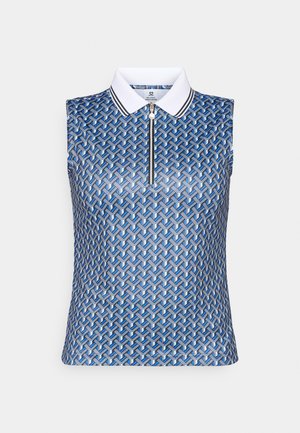 Αμάνικο μπλε πόλο μπλουζάκι με γεωμετρικό μοτίβο. Διαθέτει φερμουάρ και λευκό γιακά με μαύρες λεπτομέρειες. Λείο υφασμάτινο.
