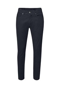 Navy cotton pants with a slim fit, five pockets, button closure, and contrast stitching. Smooth texture with a classic design.