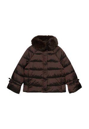 Brown puffer jacket with a faux fur collar, quilted design, wide sleeves, and tie detail at the cuffs. Glossy finish and cropped length.