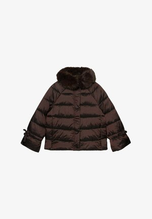 Bruine donsjas met een kraag van namaakbont, doorgestikt ontwerp, brede mouwen en strikdetail aan de manchetten. Glanzende afwerking en cropped lengte.