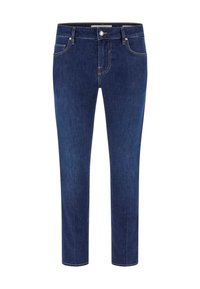 Vaqueros de mezclilla azul oscuro con ajuste slim, que cuentan con bolsillos delanteros, cierre de cremallera y costuras en contraste a lo largo de las costuras.