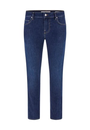 Jeans in denim blu scuro con vestibilità slim, dotati di tasche frontali, chiusura con zip e cuciture a contrasto lungo le cuciture.