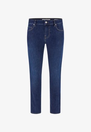 Dark blue denim jeans with a slim fit, featuring front pockets, a zip fly, and contrasting stitching along the seams.