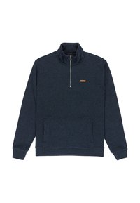 Navy fleece pullover with a high collar, front zip, and two side pockets. Features a small brown leather logo patch on the chest.