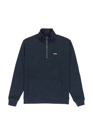 Marine fleece pullover met hoge kraag, rits aan de voorkant en twee zijzakken. Voorzien van een klein bruin leren logo-label op de borst.