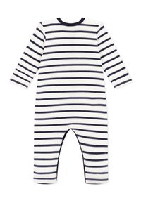 Stripet one-piece bodysuit i krem og marineblå, lange ermer, rund hals, mykt materiale, med åpen bunn for enkel påkledning.