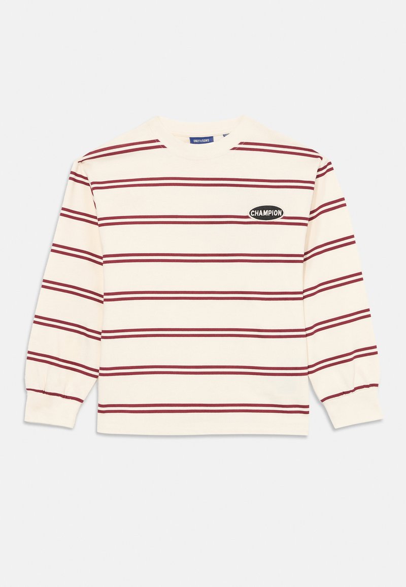 Long-sleeve striped sweatshirt in cream and maroon, featuring a round logo patch labeled "CHAMPION" on the left chest. Soft cotton fabric.