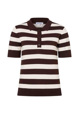 Kurzärmeliges Poloshirt mit breiten horizontalen braunen und weißen Streifen und drei Knöpfen an der vorderen Knopfleiste.
