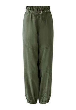 High-waist olive green pants with a paperbag waist, matching belt with silver buckle, and elasticized cuffs at ankles.