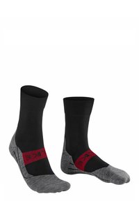 Schwarze und graue Knöchelsocken mit geripptem oberen Teil, gepolsterten Sohlen und rotem Akzentband mit gestreiftem Muster. Verstärkte Fersen- und Zehenbereiche.