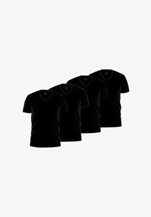 Vier schlichte schwarze V-Ausschnitt T-Shirts mit kurzen Ärmeln, diagonal auf weißem Hintergrund angeordnet.