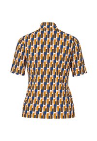 Gemustertes Kurzarmhemd mit einem Design aus blauen, orangen, braunen und weißen rechteckigen Formen auf einem mehrfarbigen Hintergrund.