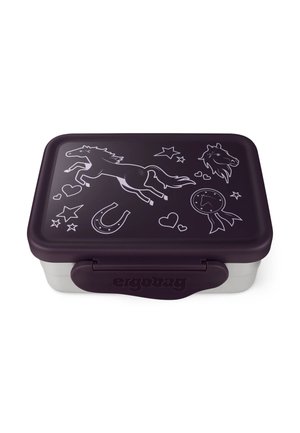 Purple lunchbox with light illustrations of a horse, stars, hearts, and a horseshoe; features a secure closing lid and branded side.