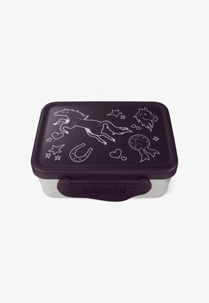 Purple lunchbox with light illustrations of a horse, stars, hearts, and a horseshoe; features a secure closing lid and branded side.