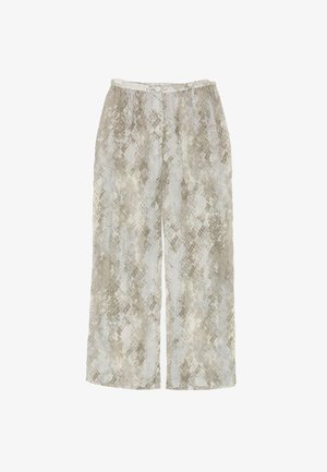 Gaismas, rakstainas bikses bēšos un pelēkos toņos. Elastīga jostasvieta ar pogu aizdari. Brīva, plata kāju dizaina ar teksturētu apdari.