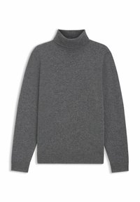 Szary sweter z golfem wykonany z miękkiego materiału, z długimi rękawami i prążkowanym kołnierzem, o gładkiej fakturze i minimalistycznym wzornictwie.