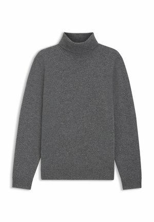 Gray turtleneck sweater made of a soft fabric, featuring long sleeves and a ribbed collar, with a smooth texture and minimal design.