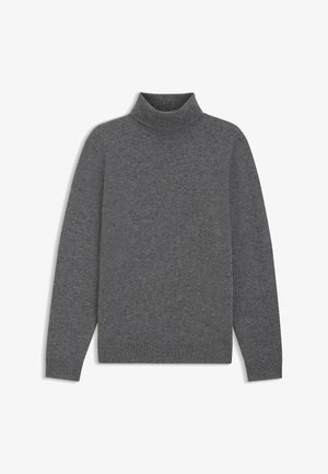 Gray turtleneck sweater made of a soft fabric, featuring long sleeves and a ribbed collar, with a smooth texture and minimal design.