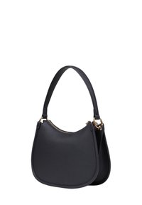 Borsa a tracolla in pelle nera con forma curva, dettagli in metallo dorato e chiusura zip superiore. Dotata di una sola tracolla. Texture liscia.