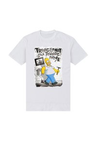 Wit katoenen T-shirt met een cartoonfiguur die een hamer vasthoudt, met de tekst "Proberen is de eerste stap naar falen" in vetgedrukt.
