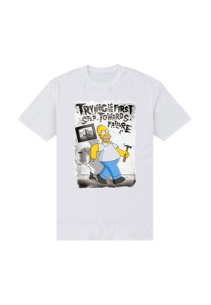 Biały bawełniany t-shirt z kreskówkową postacią trzymającą młotek oraz napisem "Próba jest pierwszym krokiem do porażki" wytłuszczonym drukiem.