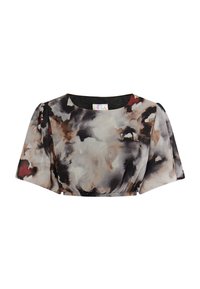 Blusa a maniche corte realizzata in tessuto leggero, caratterizzata da un motivo astratto in tonalità di nero, marrone e bordeaux, con dettaglio a vita arricciata.