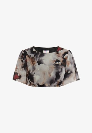 Short-sleeved blouse in lightweight fabric featuring an abstract pattern with shades of black, brown, and maroon, and a gathered waist detail.