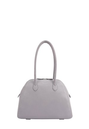 Sac à main structuré gris clair avec deux longues anses, fermeture éclair et logo de la marque subtil au centre avant.