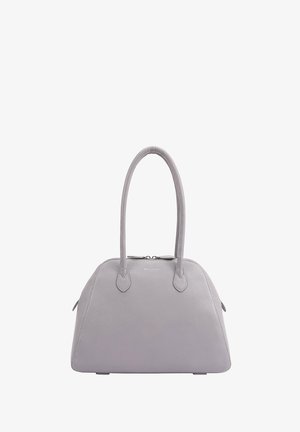 Lichtgrijze gestructureerde handtas met twee lange handvatten, ritssluiting en subtiel merklogo op de voorkant in het midden.