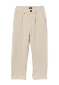 Pantalon en coton beige avec une fermeture à bouton à l'avant, deux poches latérales et une coupe droite. Texture lisse et détails de couture minimalistes.