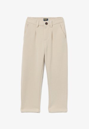 Pantalon en coton beige avec une fermeture à bouton à l'avant, deux poches latérales et une coupe droite. Texture lisse et détails de couture minimalistes.