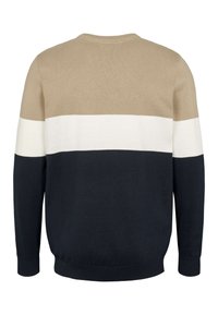 Vyriškas megztinis, megztas horizontaliomis linijomis smėlio, baltos ir tamsiai mėlynos spalvos. Apvalus kaklas ir ribuotos rankogaliai. Lygus paviršius.