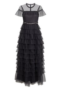 Vestido de noche de tul negro en capas con mangas cortas transparentes, cuerpo fruncido y adornos florales en la cintura.