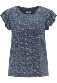 Marinblå kortärmad T-shirt med vita prickar, rund halsringning och volangärmar i mjukt tyg.