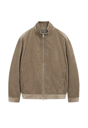 Veste en velours côtelé marron avec une texture côtelée, col haut, fermeture éclair à l'avant et deux poches latérales. Coupe décontractée avec une bordure contrastante au niveau de l'ourlet.