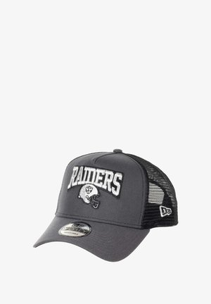 Gray baseball cap with a black mesh back, featuring raised white "RAIDERS" lettering and a football helmet logo on the front. Adjustable strap.