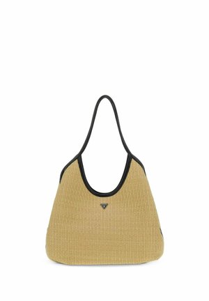 Sac d'épaule tissé beige avec bordure et poignées noires, avec un petit logo triangulaire Guess au centre avant.