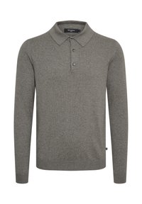 Långärmad polo skjorta i heather grå stickad. Har en klassisk krage, tre-knapp placket och ribbade ärmslut.